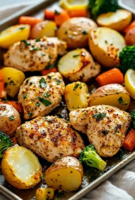 Sheet pan with lemon herb chicken and colorful vegetables ready to serve