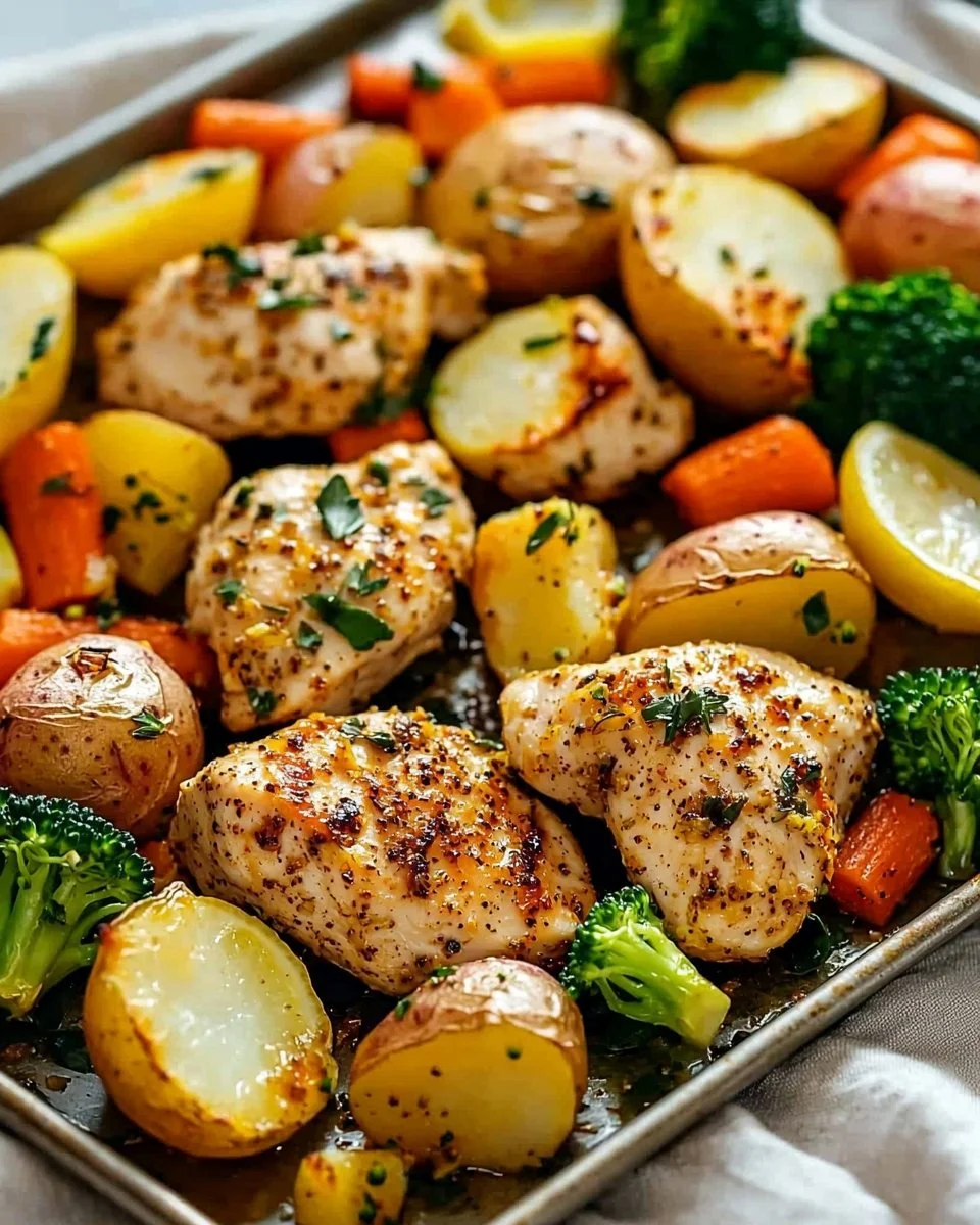 Sheet pan with lemon herb chicken and colorful vegetables ready to serve