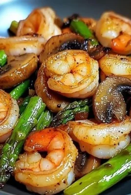 Shrimp stir-fry with asparagus and mushrooms in a colorful pan