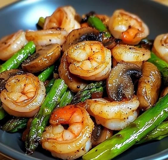 Shrimp stir-fry with asparagus and mushrooms in a colorful pan