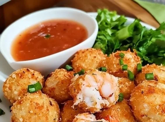 Homemade shrimp balls arranged on a platter, ready to serve.