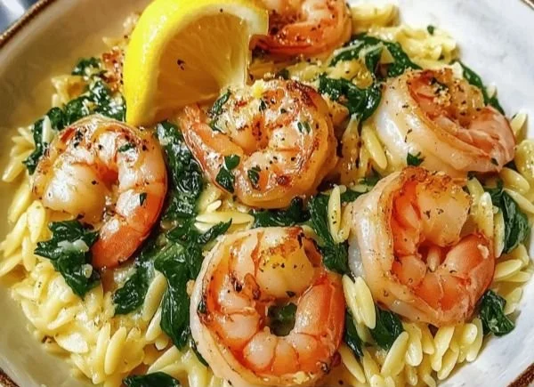 Shrimp Orzo in Lemon Garlic Sauce served in a bowl with fresh herbs