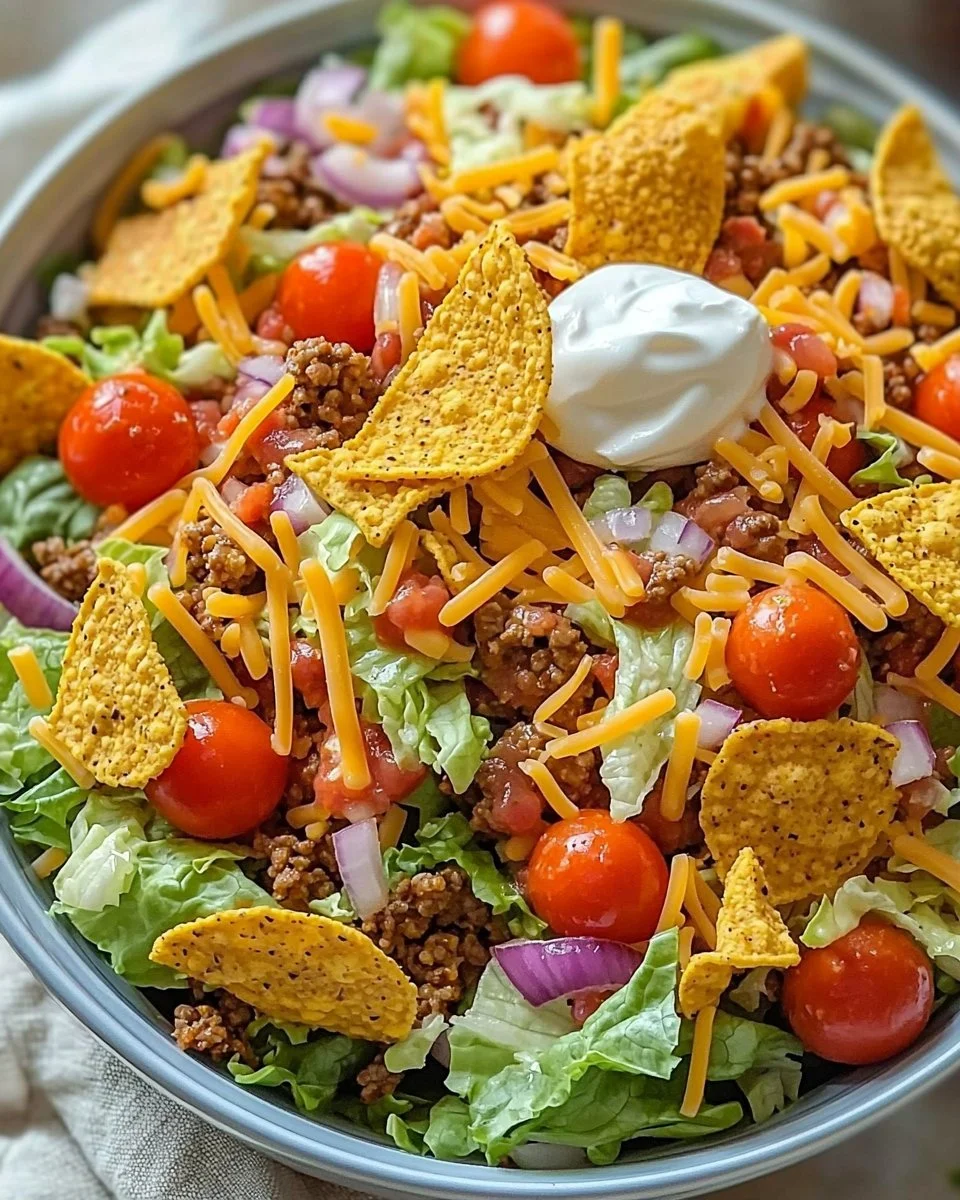 Simple Doritos Taco Salad with colorful ingredients and Doritos