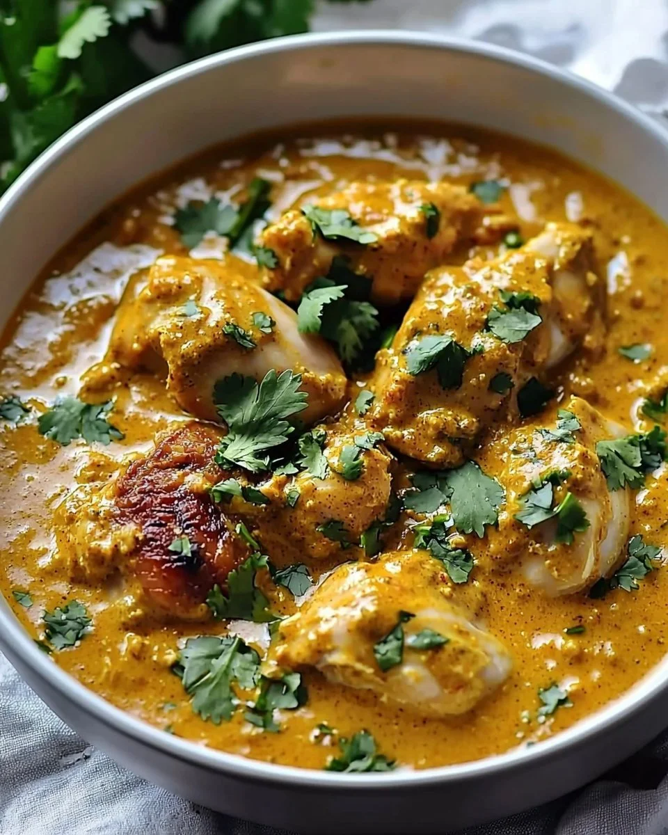 Slow cooker chicken korma served with rice and garnished with cilantro