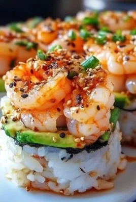 Spicy shrimp sushi stacks with vibrant toppings and fresh ingredients