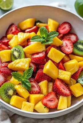 Colorful tropical fruit salad topped with honey-lime dressing