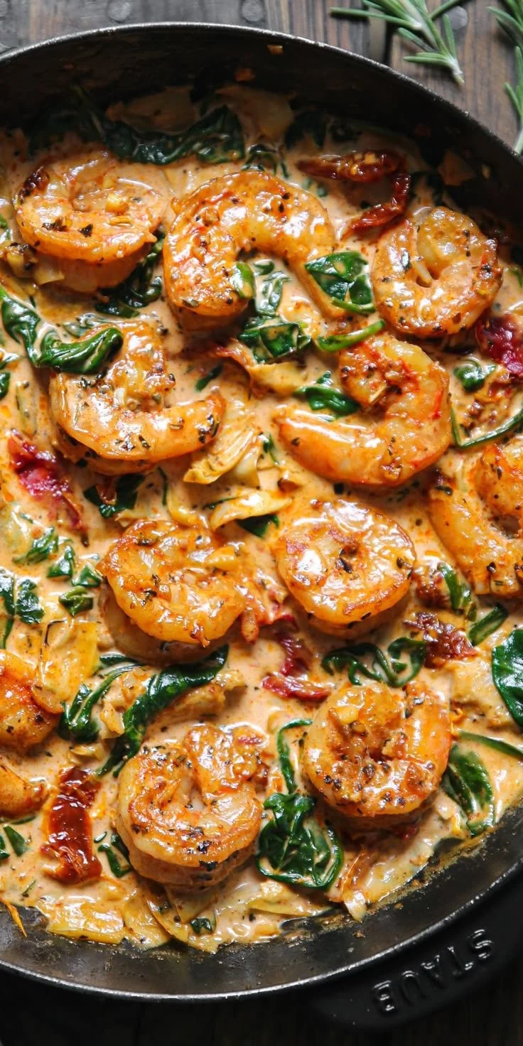 Delicious Tuscan Shrimp with Spinach, Artichokes, and Sun-Dried Tomatoes on a plate