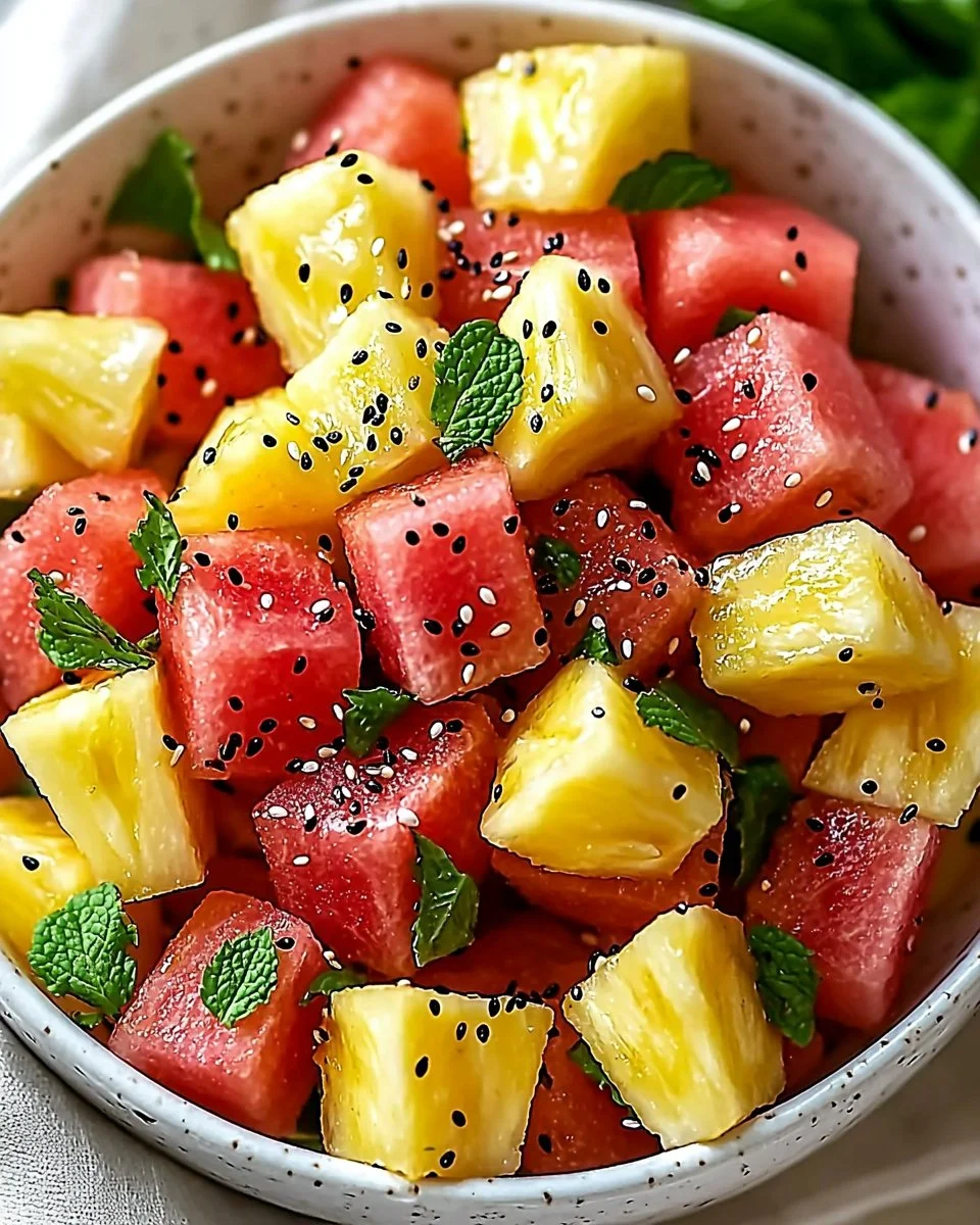 Refreshing Watermelon Pineapple Salad with mint and lime dressing