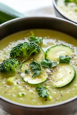 Creamy zucchini soup with broccoli and leeks in a bowl