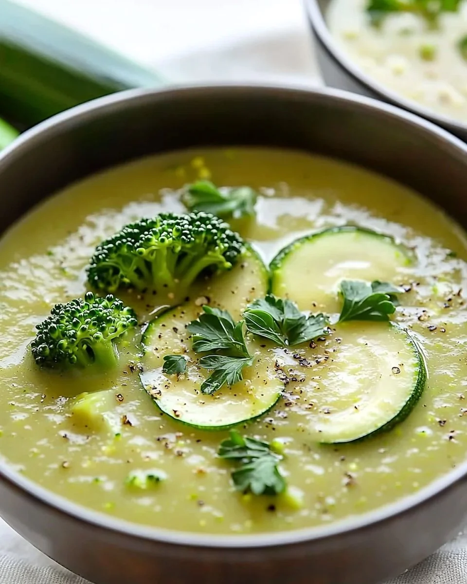 Creamy zucchini soup with broccoli and leeks in a bowl