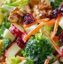 Fresh broccoli apple salad with greens and dressing on a wooden table