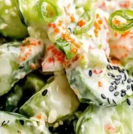California Roll Cucumber Salad in a bowl with fresh ingredients