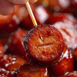Delicious candied kielbasa bites served as a savory snack.