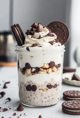 Delicious cookies and cream overnight oats topped with chocolate cookies