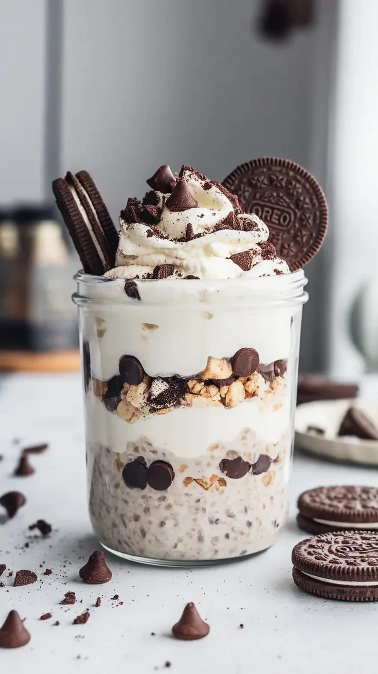 Delicious cookies and cream overnight oats topped with chocolate cookies