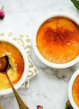 Dairy-free mango crème brûlée topped with caramelized sugar crust