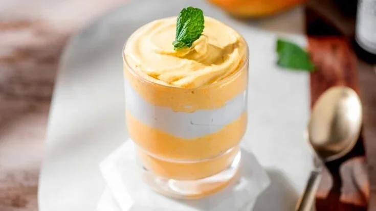 A delicious bowl of easy 3 ingredient mango mousse dessert