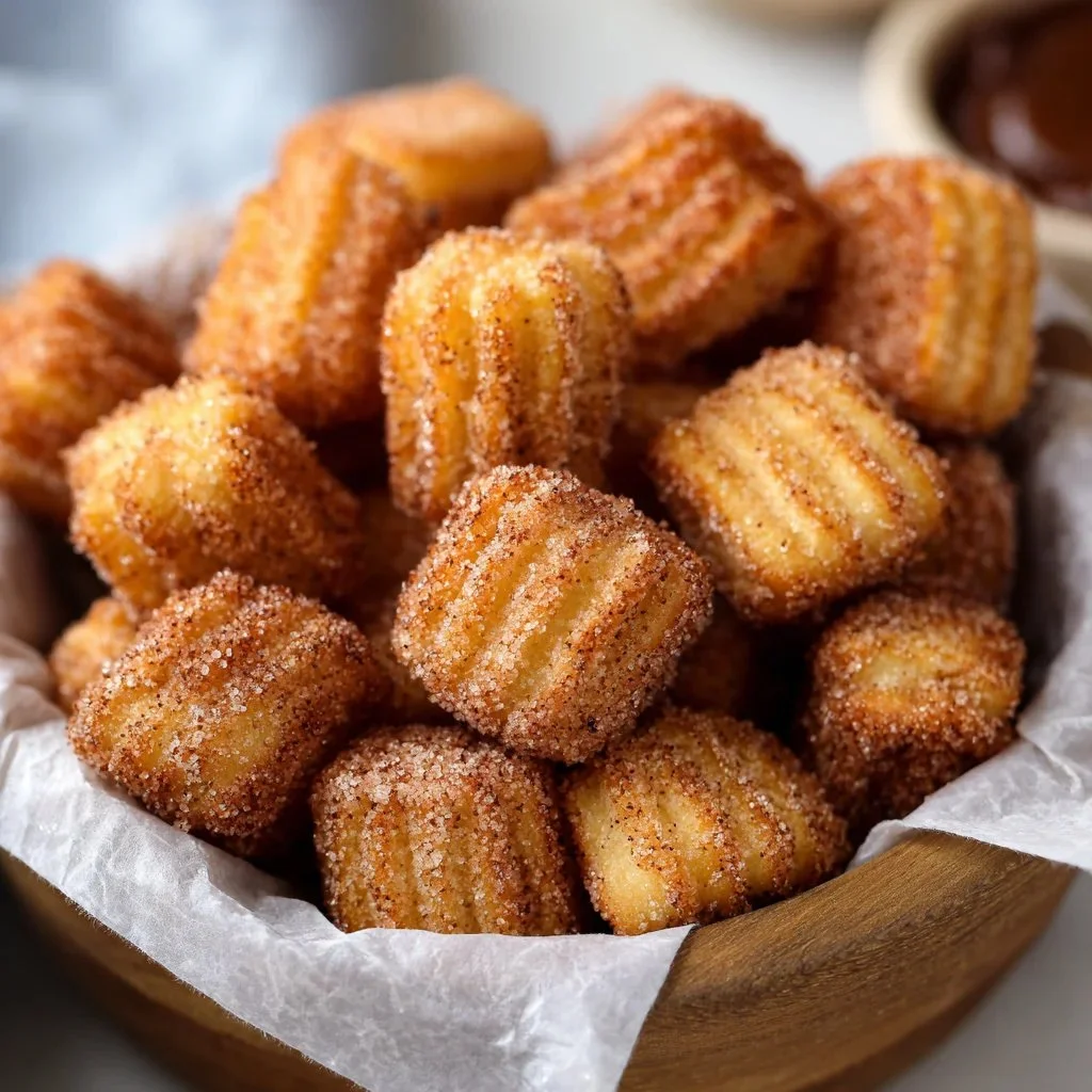 Delicious and easy baked churro bites rolled in cinnamon sugar
