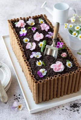 Beautiful flower bed cake decorated with vibrant edible flowers and green frosting.