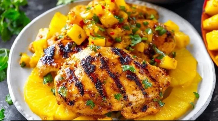 Juicy grilled mango pineapple chicken served on a plate with fresh herbs