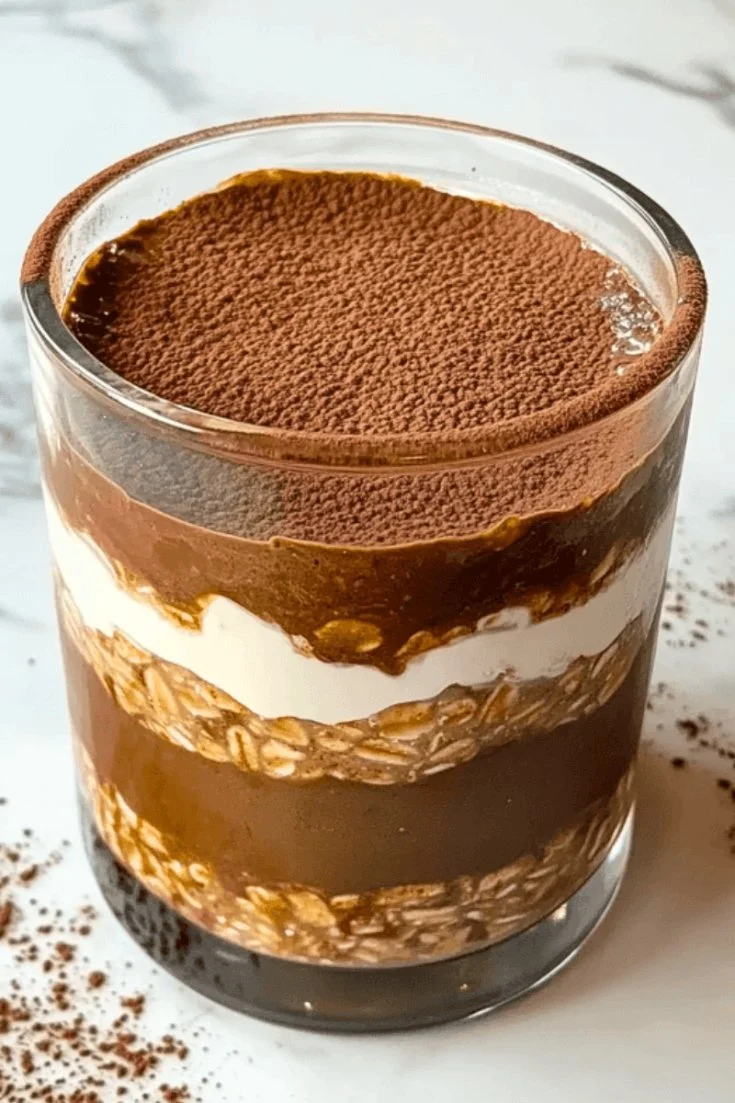 Delicious high protein tiramisu overnight oats topped with cocoa and chocolate sprinkles
