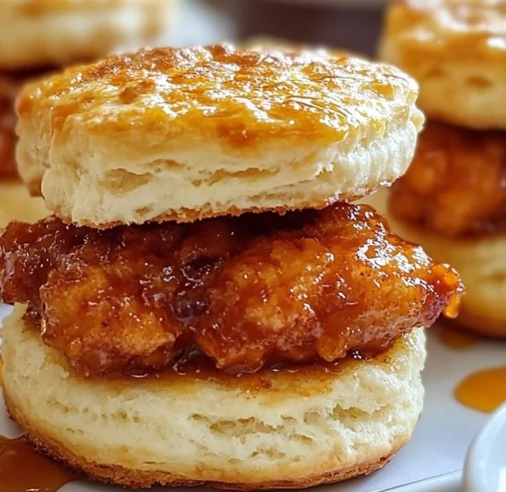 Delicious Hot Honey Chicken Biscuits with a sweet and spicy glaze