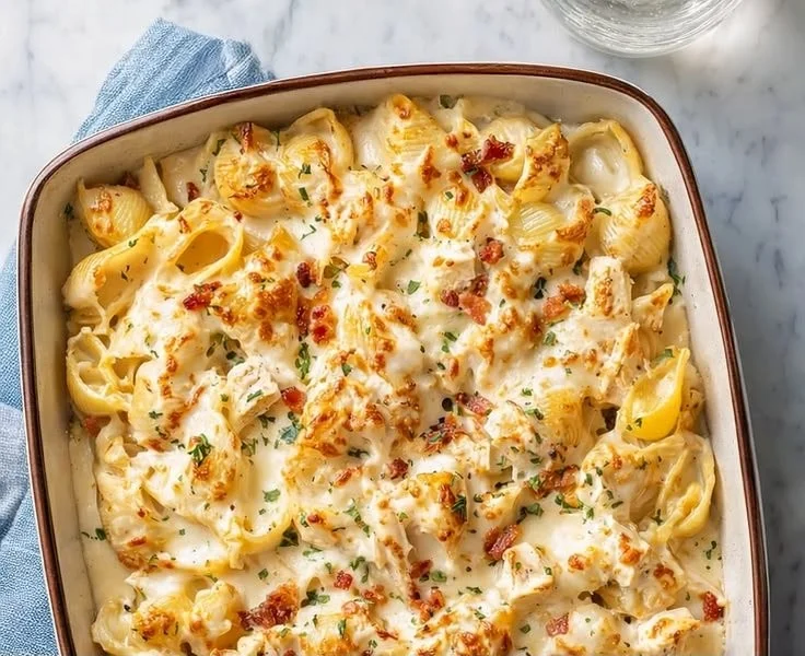 Delicious Crack Chicken Casserole topped with cheese and herbs