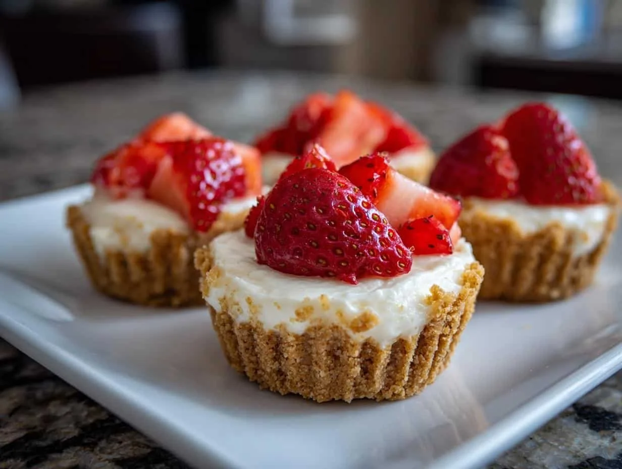 No-bake mini cheesecake cups topped with fruits and whipped cream