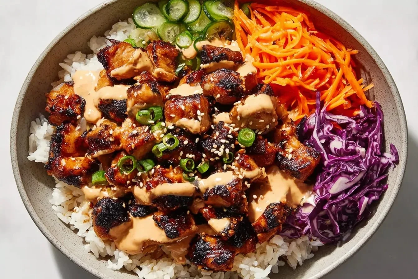 Delicious Korean BBQ chicken bowl with grilled chicken and colorful vegetables