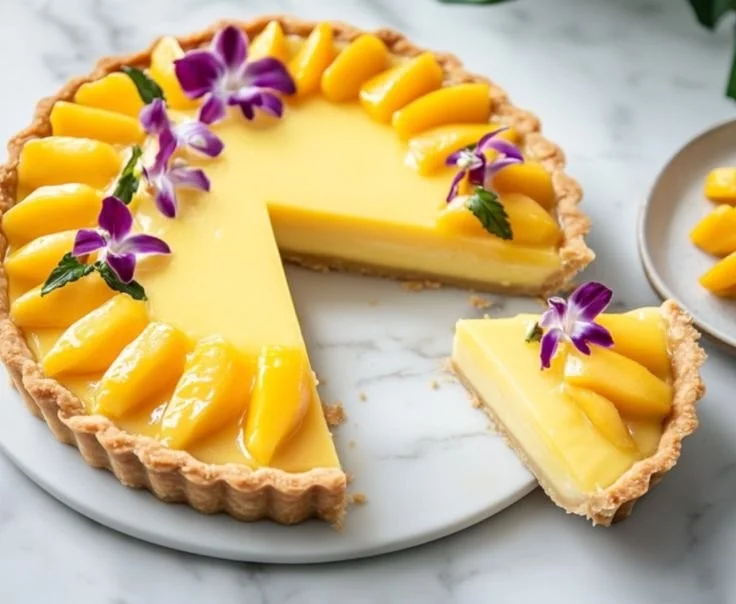 Delicious and creamy Mango Curd Tart served on a white plate