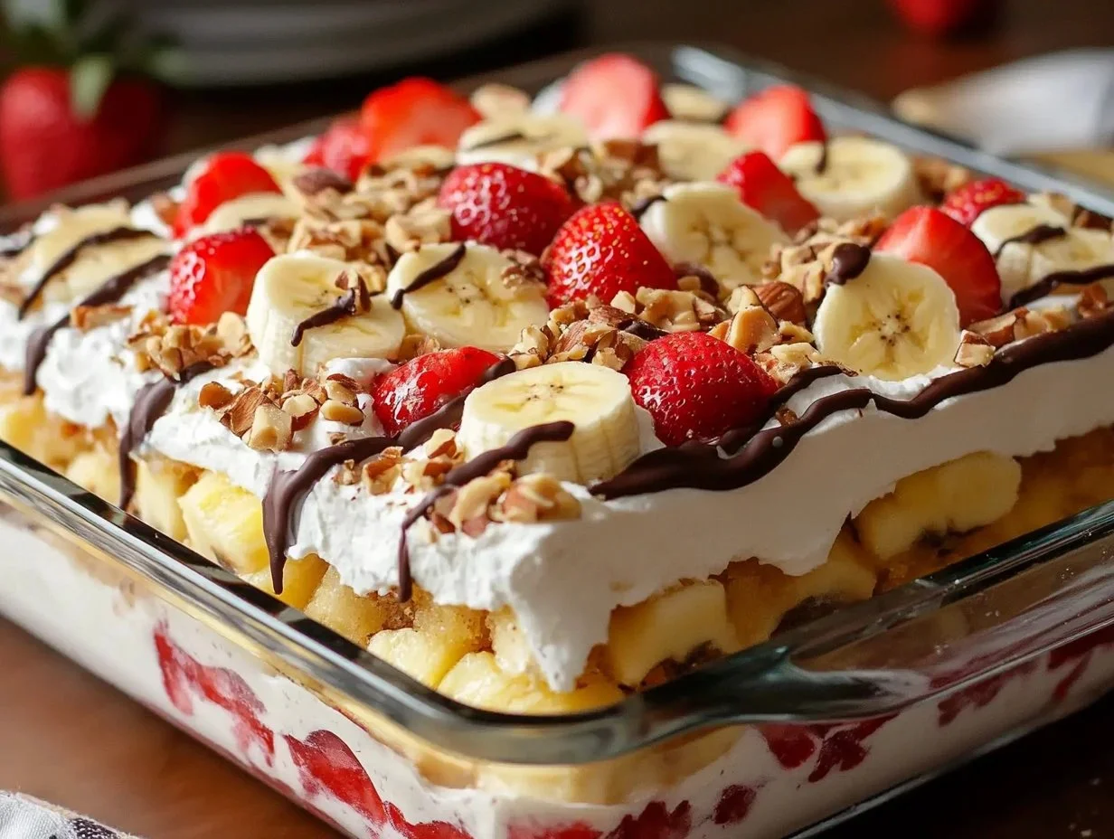 No-Bake Banana Split Cake topped with fruits and whipped cream