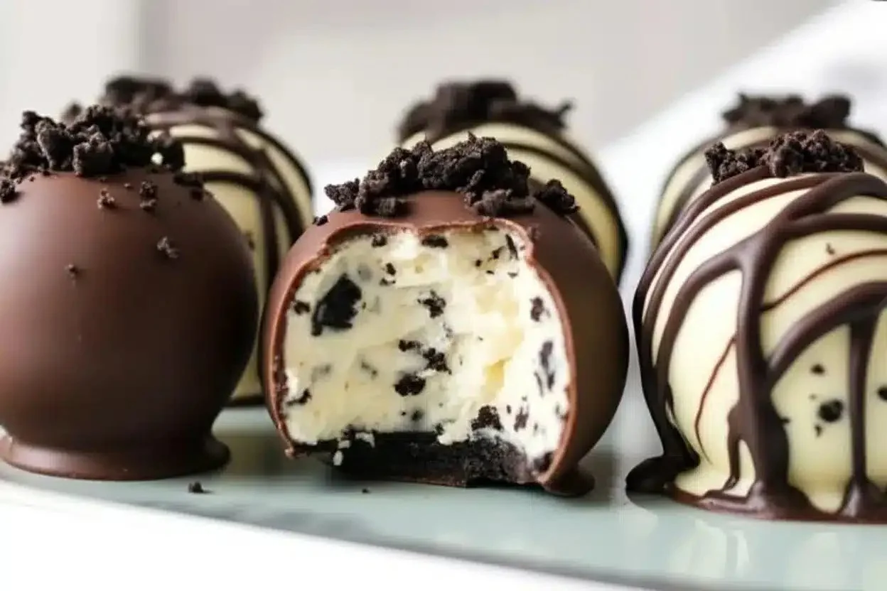 Delicious no-bake cookies and cream cheesecake balls on a platter