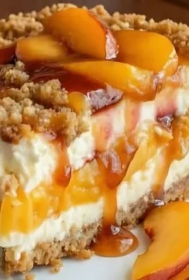 Slice of peach cobbler cheesecake topped with fresh peaches and whipped cream