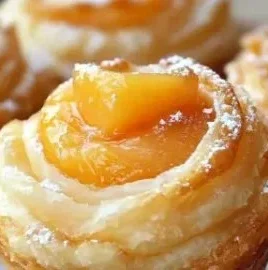 Delicious Peach Pie Cruffins showcasing flaky pastry and sweet peach filling.