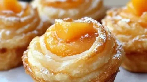 Delicious Peach Pie Cruffins showcasing flaky pastry and sweet peach filling.