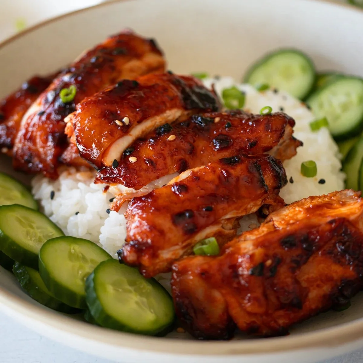 Sticky Honey Gochujang Chicken garnished with sesame seeds and green onions