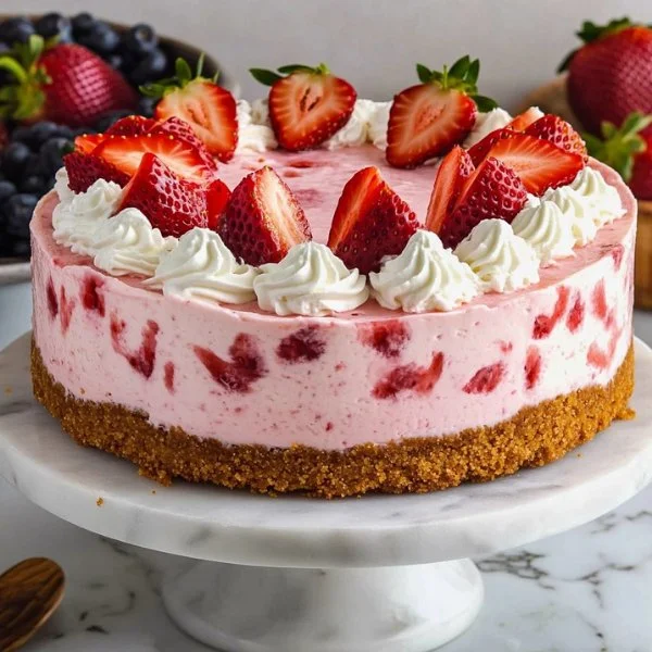 Delicious strawberry cheesecake topped with fresh strawberries and whipped cream