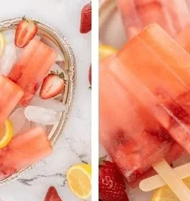 Strawberry lemonade popsicles on a plate, a refreshing summer treat.