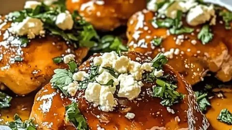 Hot honey feta chicken dish served on a cozy night