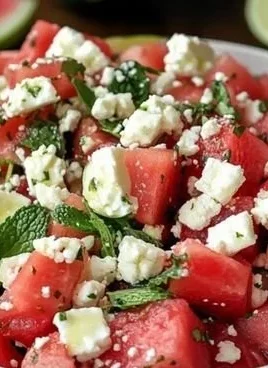 Watermelon feta mint salad garnished with fresh mint and feta cheese