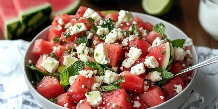 Watermelon feta mint salad garnished with fresh mint and feta cheese