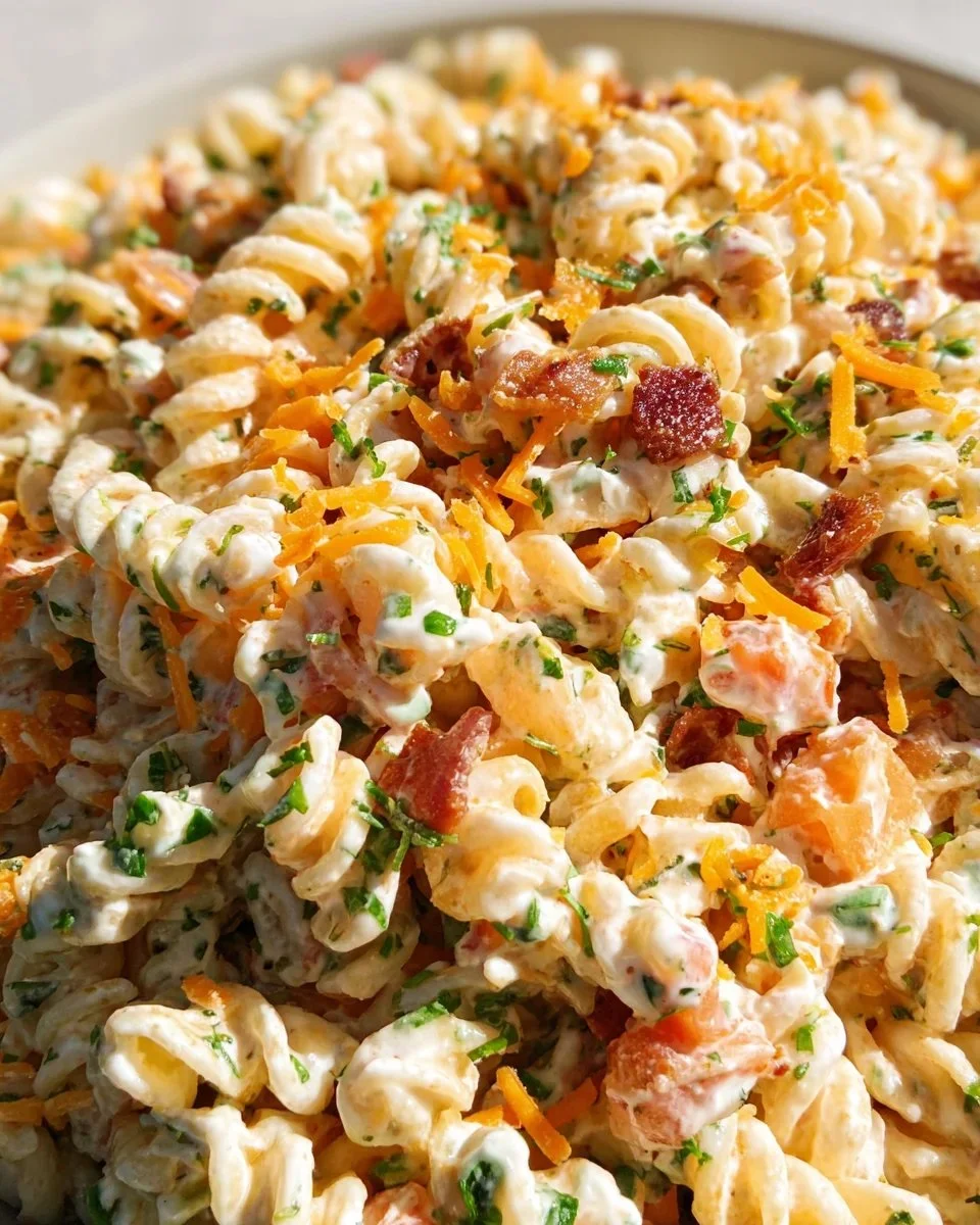 Bacon Ranch Pasta Salad with creamy dressing and fresh ingredients