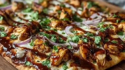 Delicious BBQ Chicken Flatbread Pizza topped with barbecue sauce and fresh ingredients