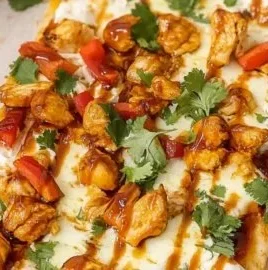 Delicious BBQ Chicken Flatbread Pizza topped with fresh ingredients and barbecue sauce