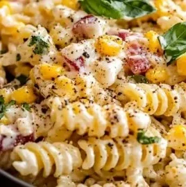 Creamy street corn pasta salad garnished with fresh herbs and lime
