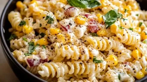 Creamy street corn pasta salad garnished with fresh herbs and lime