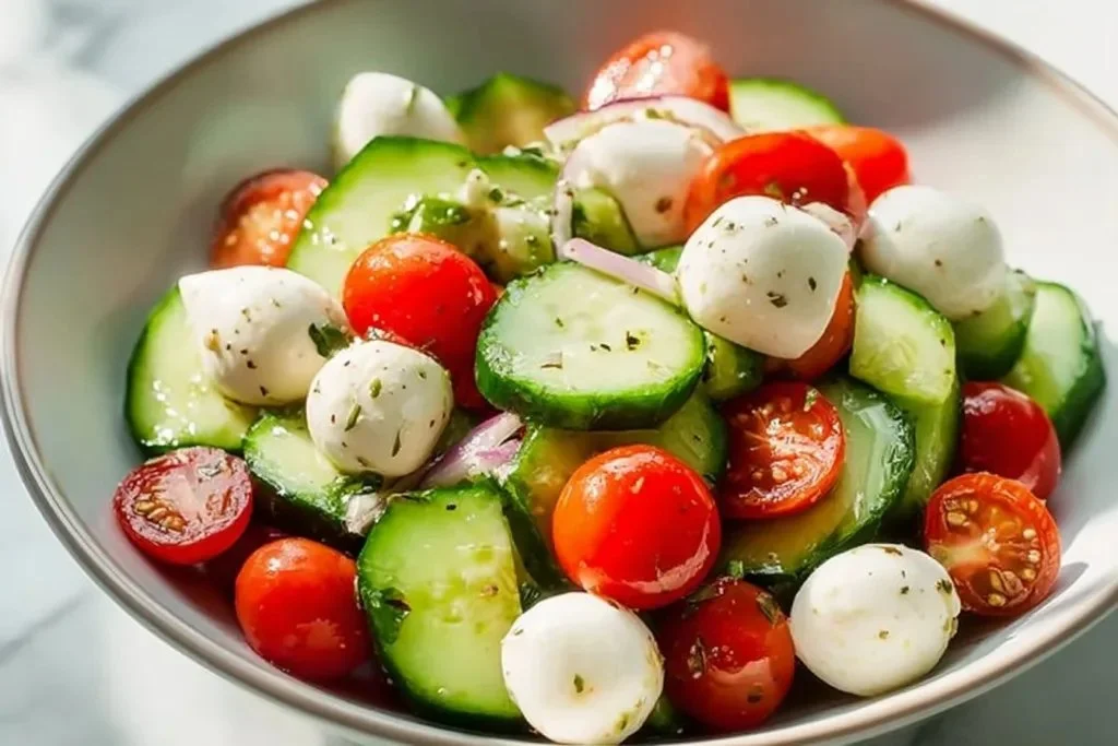 Cucumber Caprese Salad with mozzarella, tomatoes, and basil served on a plate