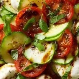 Cucumber Caprese Salad with mozzarella, tomatoes, and basil on a plate