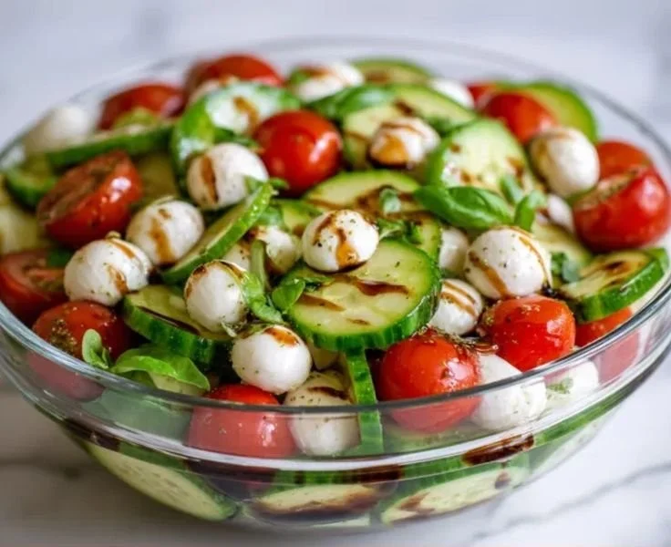 Cucumber Caprese Salad with fresh cucumbers, tomatoes, and mozzarella cheese