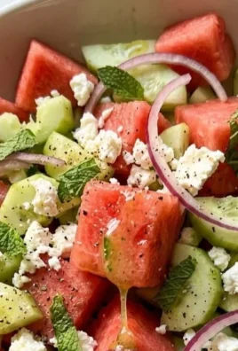 Cucumber watermelon salad with lime vinaigrette in a bowl